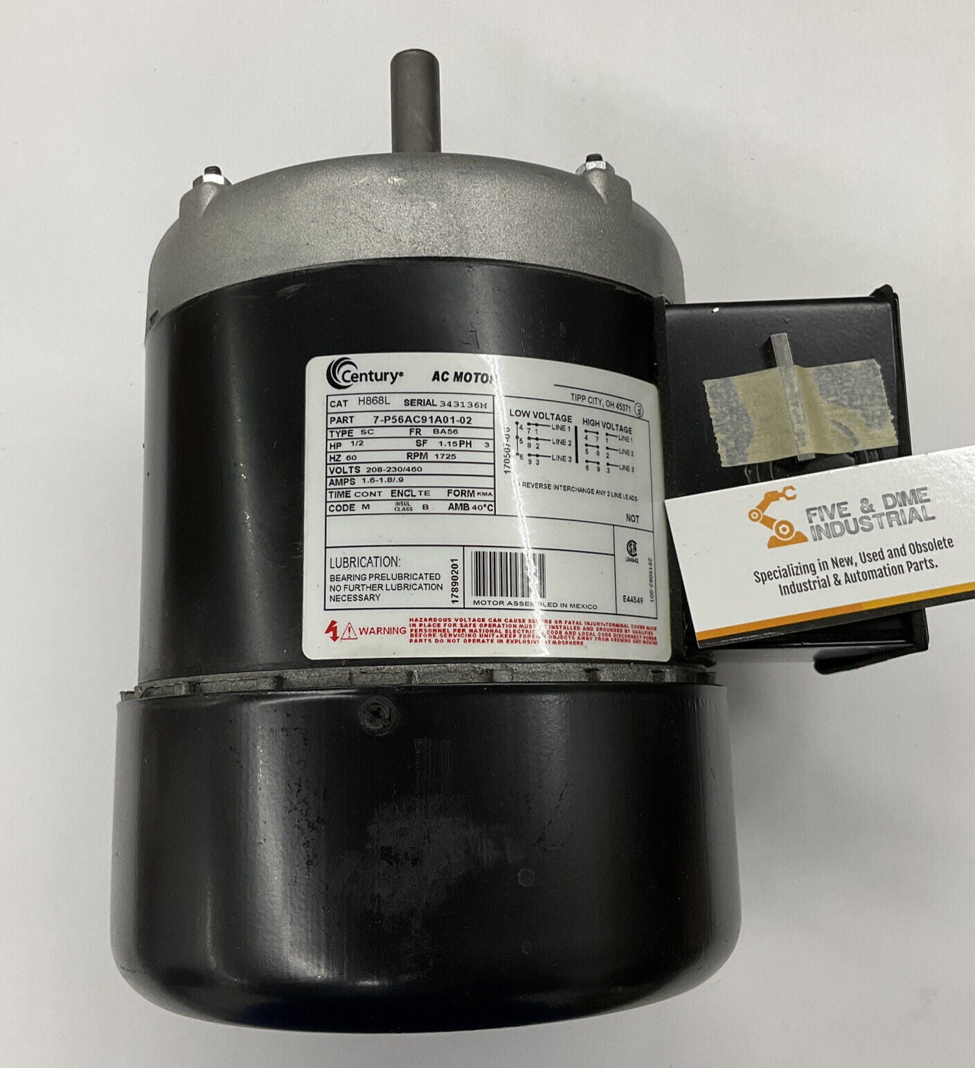 Century H868L  7-P56AC91A01-02 AC Motor 0.5 HP FR BA56, 1725 RPM 208-460 (OV114)