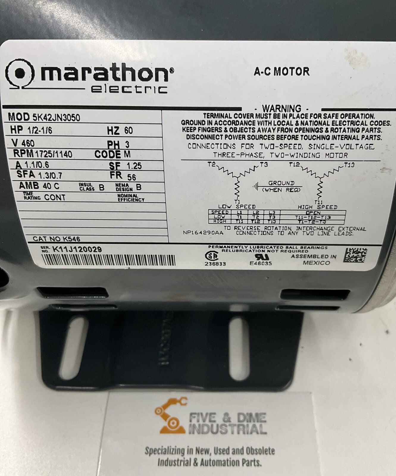 Marathon 56 FR 1/2-1/6 HP Industrial Motor 1725/1140 RPM 460VAC (OV114)