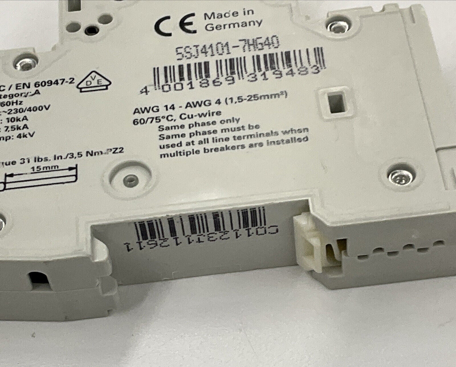 Siemens New 5SJ4101-7HG40 1 Amp Type HSJ Circuit Breaker DIN Mount (BL245)