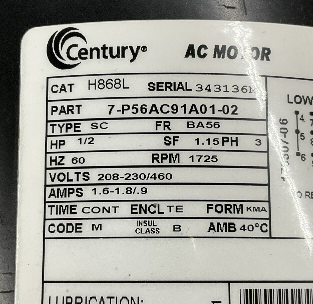 Century H868L  7-P56AC91A01-02 AC Motor 0.5 HP FR BA56, 1725 RPM 208-460 (OV114)