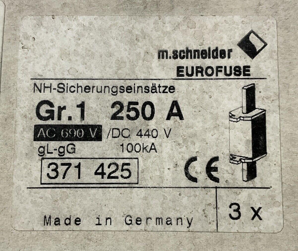 M.Schneider 371425 Eurofuse Gr.1 250A 690VAC 440VDC gL-gG Box of 3 (CL365)