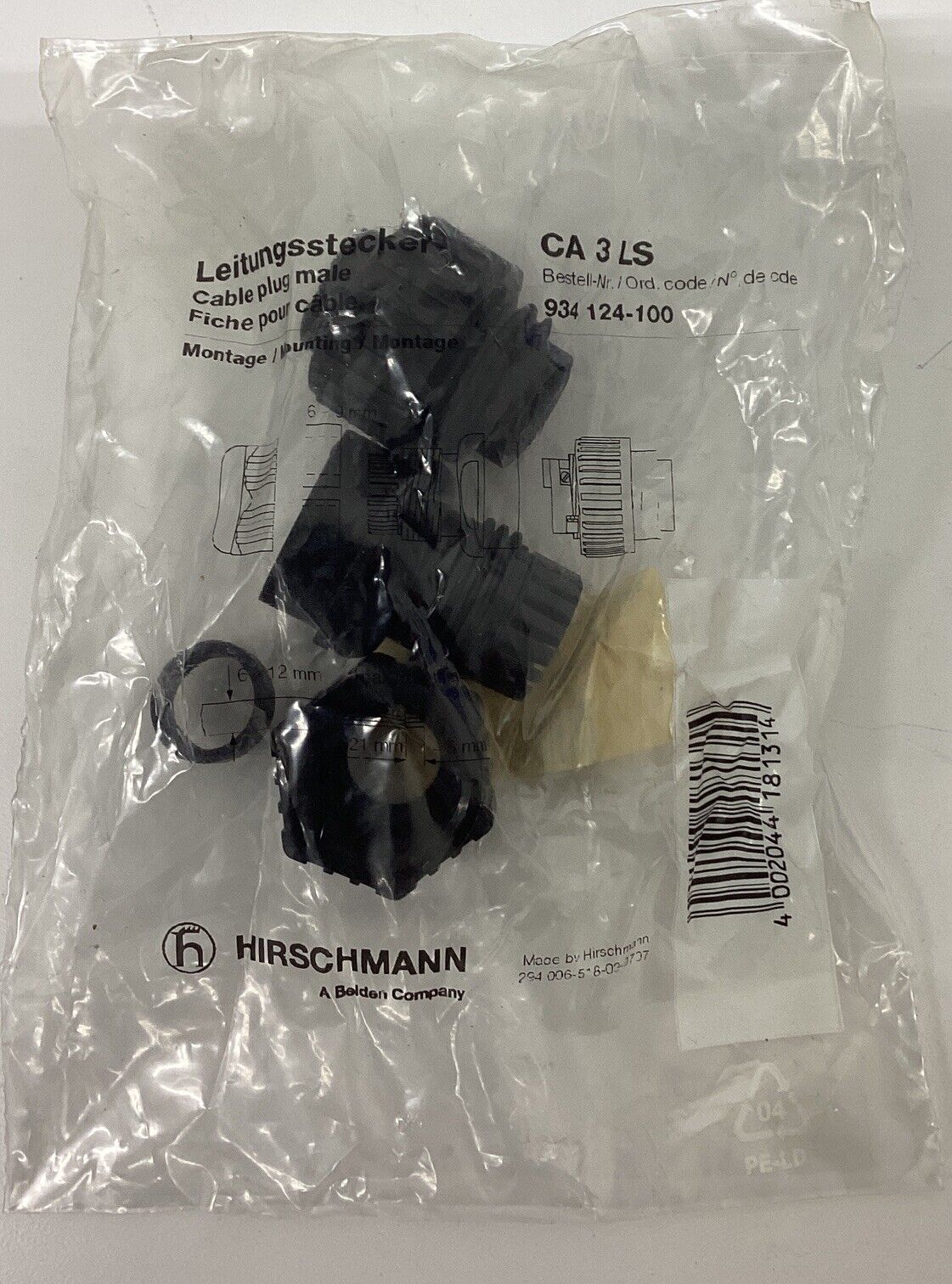 Hirschmann 934-124-100  CA-3-LS Straight Cable Plug 3 Pin Ground (BK158) - 0