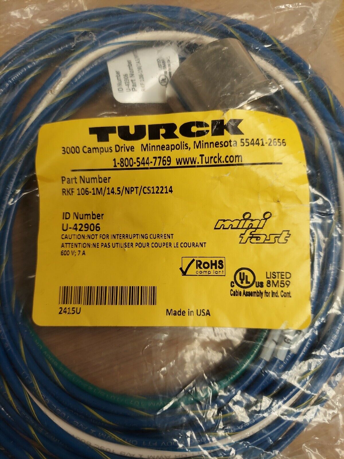 Turck RKF 106-1M/14.5/NPT/CS12214 U-42906 New MiniFast Receptacle (BL146) - 0