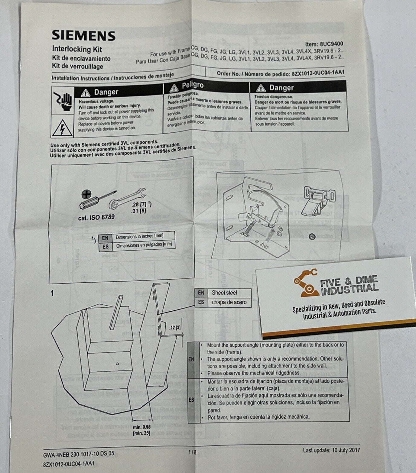 Siemens 8UC9400 Interlocking Kit UL 508A  New in Box  (OV105)