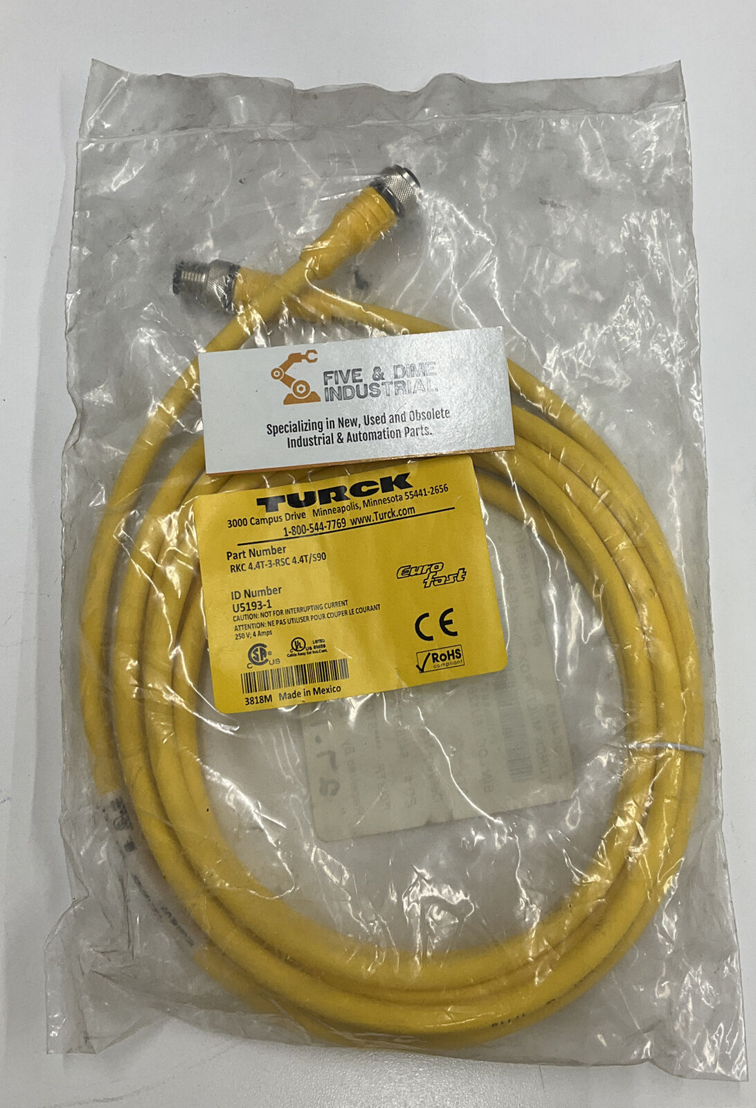 Turck RKC 4.4T-3-RSC 4.4T/S90 Eurofast Cordset Cable 4-Pin U5193-1 (YE190)