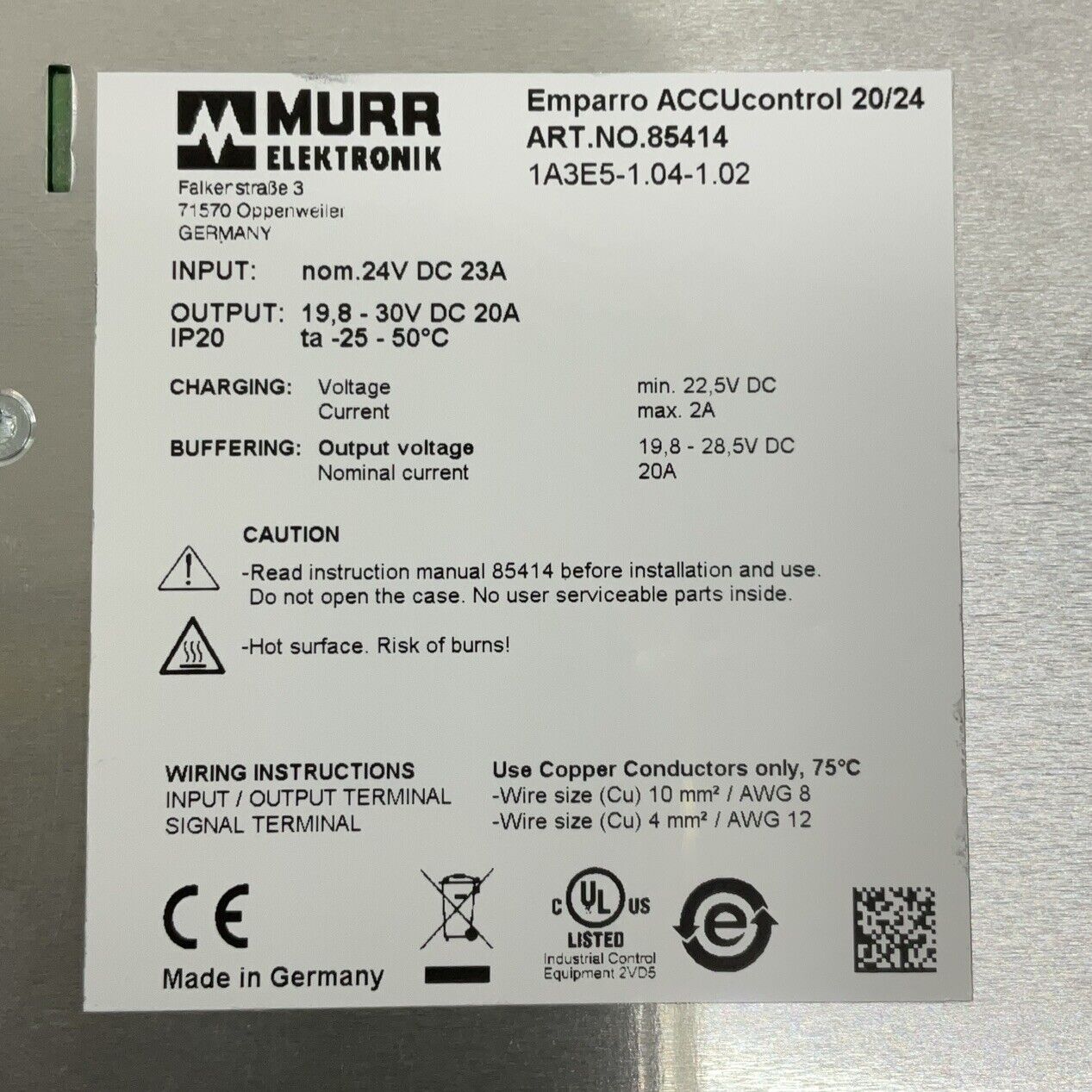 Murr Elektronik 85414 Emparro ACCUcontrol UPS-Module 1A3E5-1.04-1.02 (OV126)