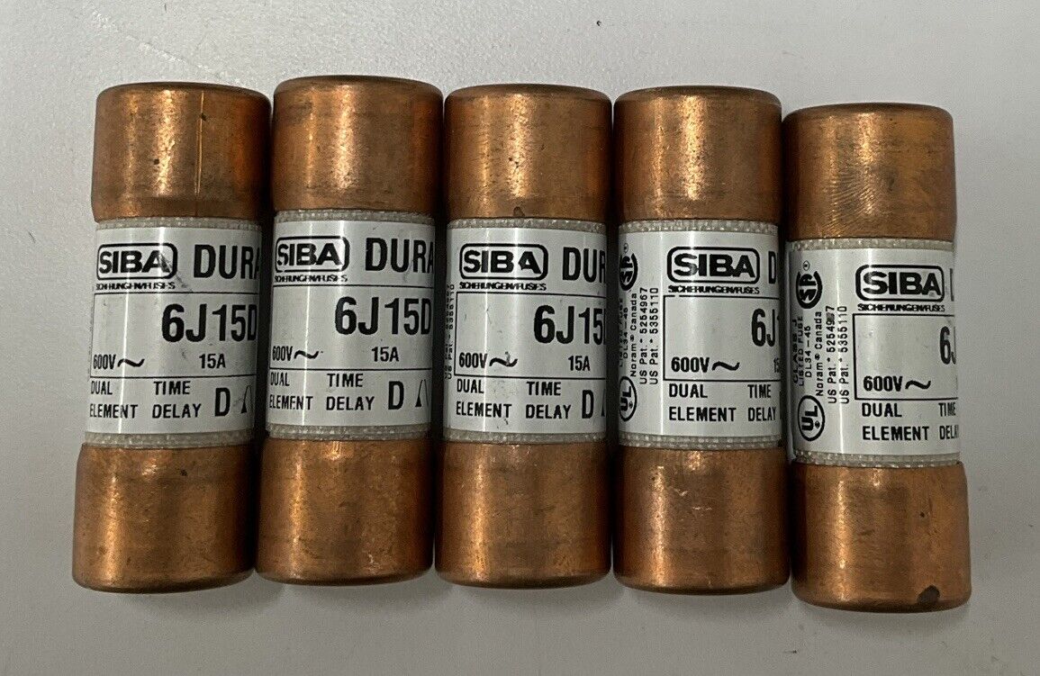 SIBA 6J15D Lot of 5 Time Delay Fuses 15AMP 600V (YE270) - 0