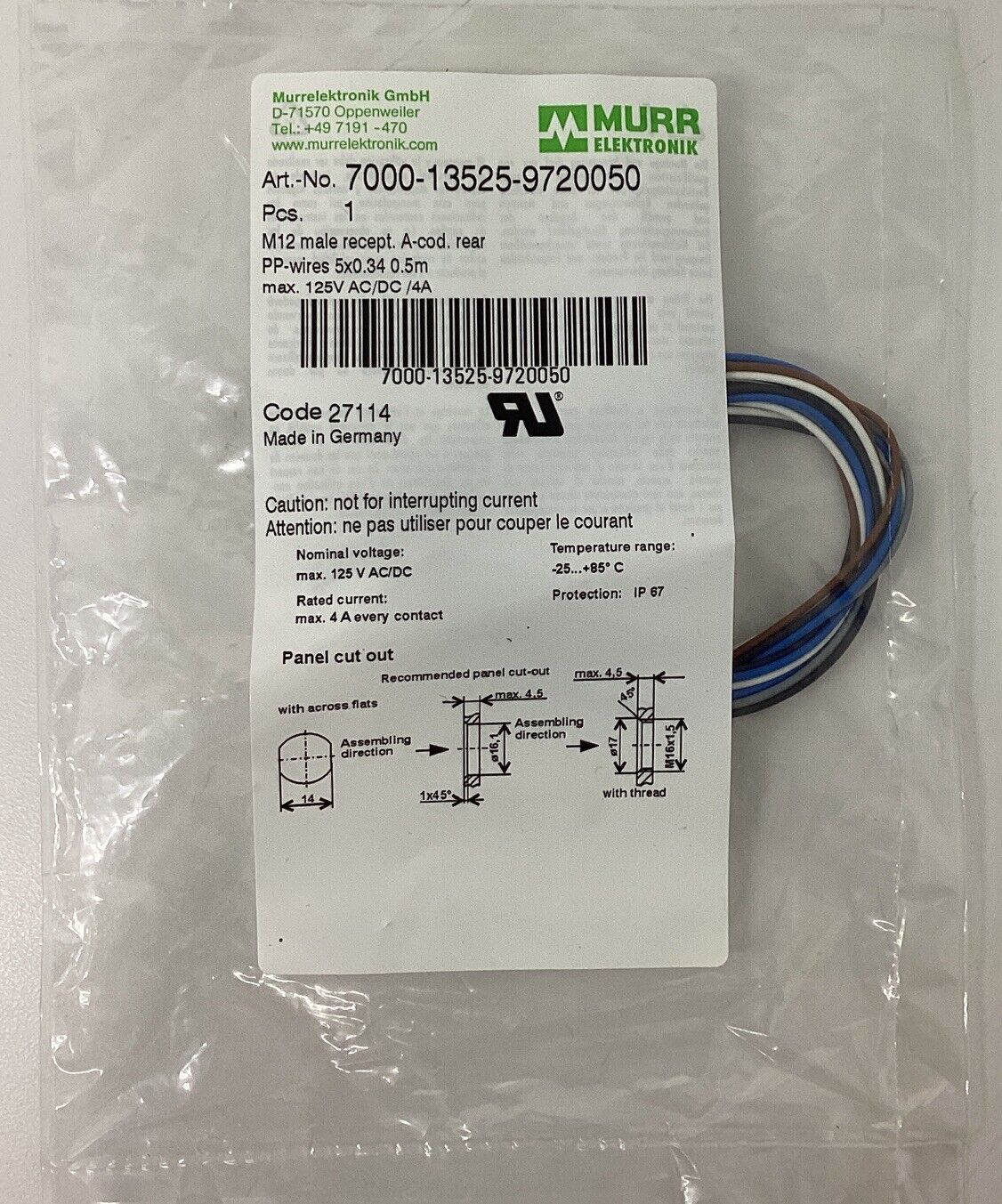 Murr 7000-13525-9720050 M12  5-Pole, Male Receptacle 0.5M (GR154)