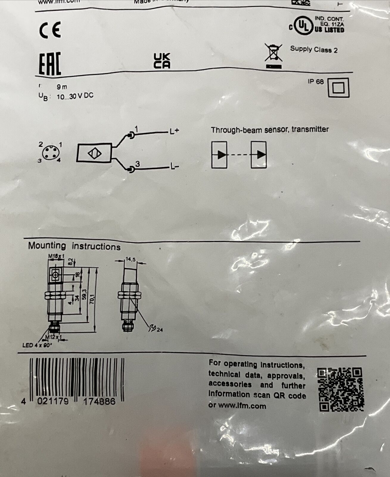 IFM Efector OGS-OOKG/US/90° / OG5129 New Sensor 10-30VDC 9M (BL246)