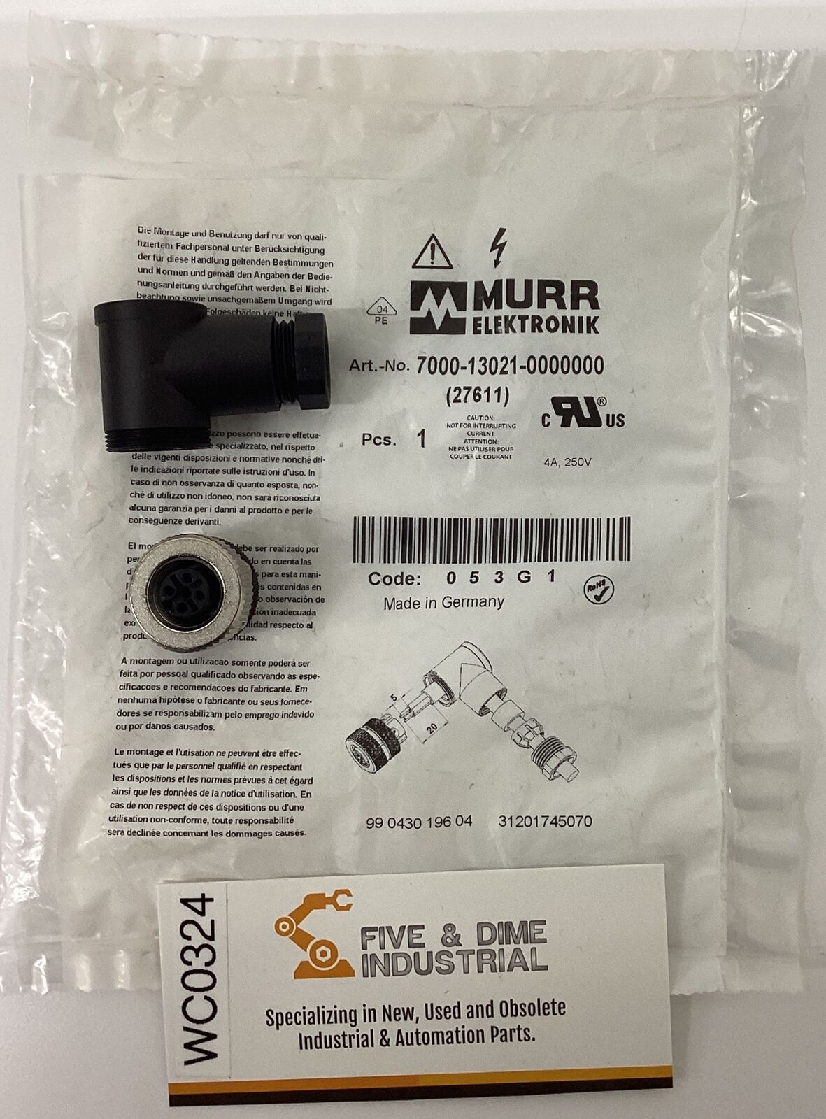 Murr 7000-13021-0000000 Field Connector  90 Degree 4-Pole Female (BL269)