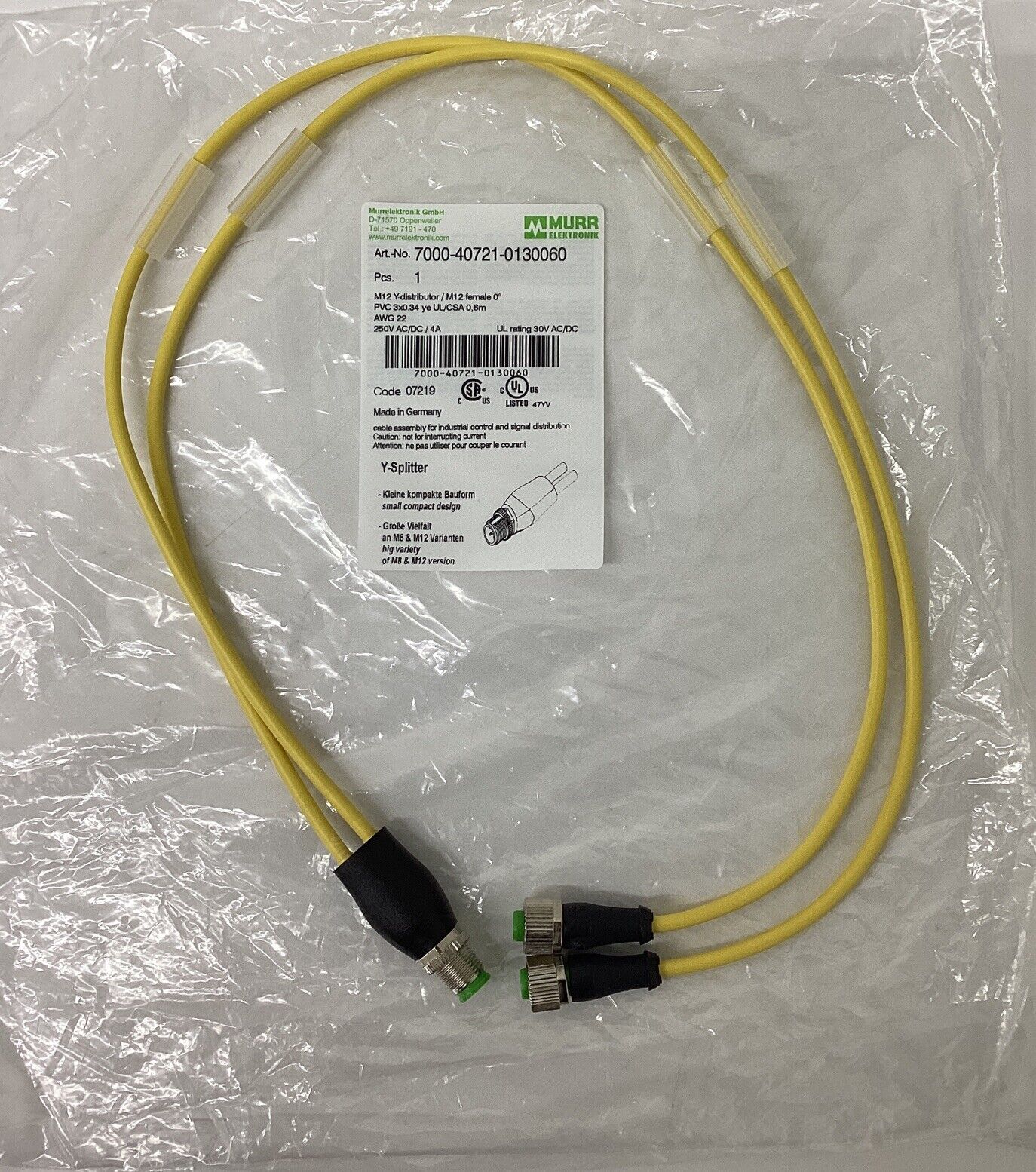 Murr 7000-40721-0130060 M12 Y-Splitter 3-Pole 0.6 Meter (CBL141)