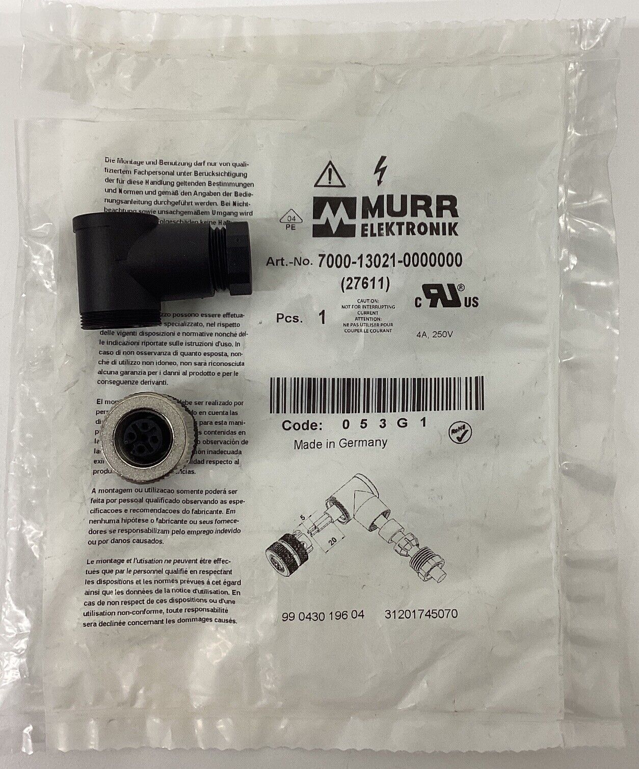 Murr 7000-13021-0000000 Field Connector  90 Degree 4-Pole Female (BL269) - 0