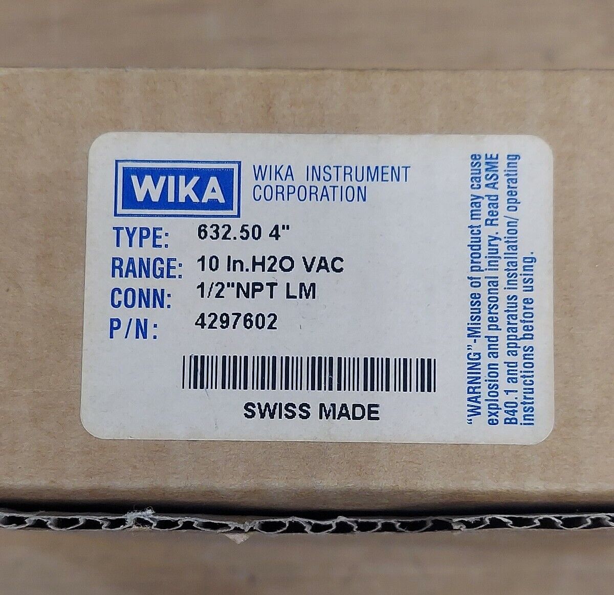 WIKA 4" SS Vacuum Gauge 4297602 10 In H2O 1/2" NPT Swiss Made (GA101)