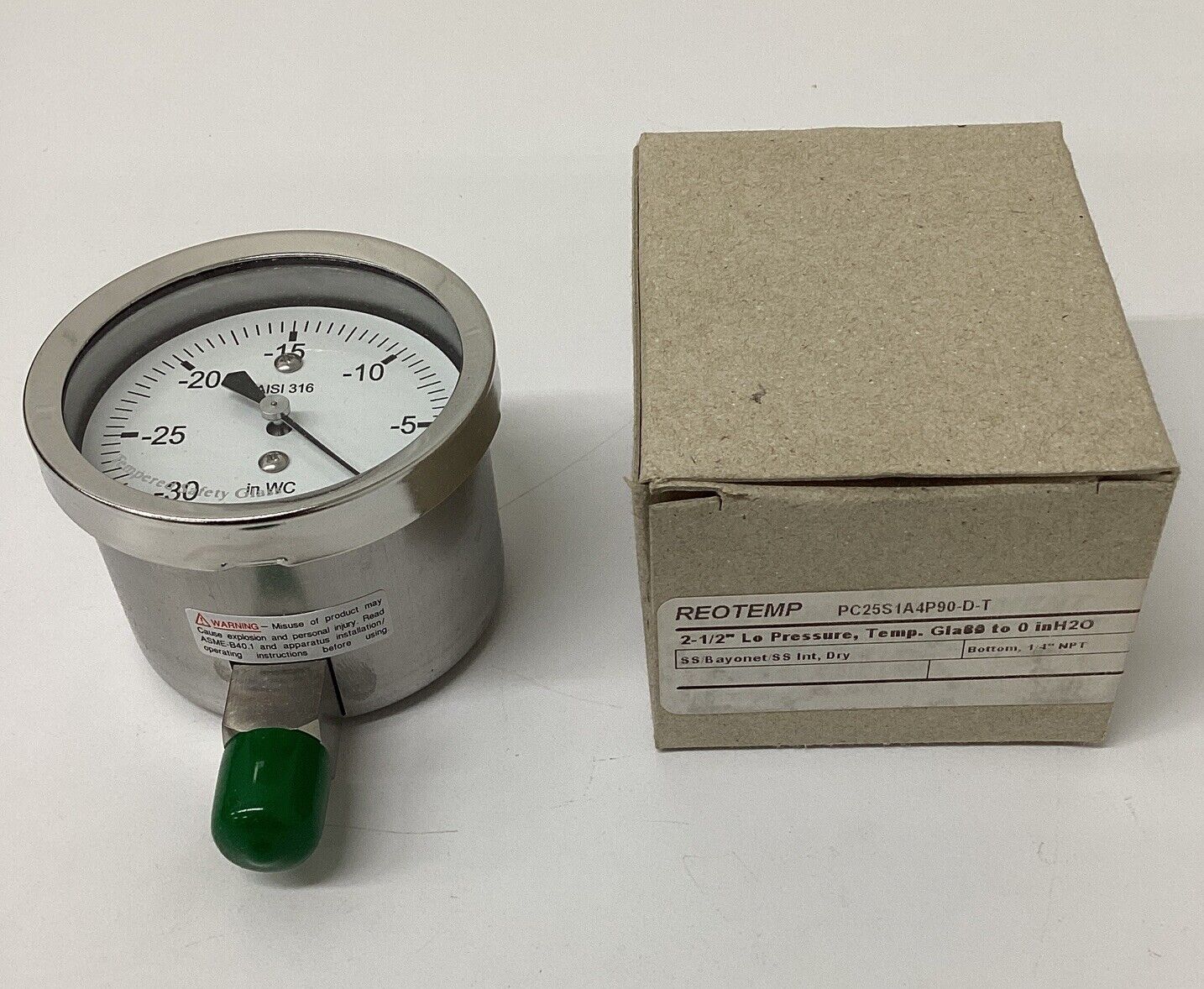 Reotemp PC25S1A4P90-D-T  2-1/2''  0-30 IN-H2O Gauge 1/4'' NPT (GR142)