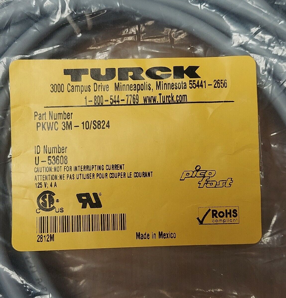 Turck PKWC 3M-10/S824 Pico Fast Cord Set ID U-53608 (BK101)