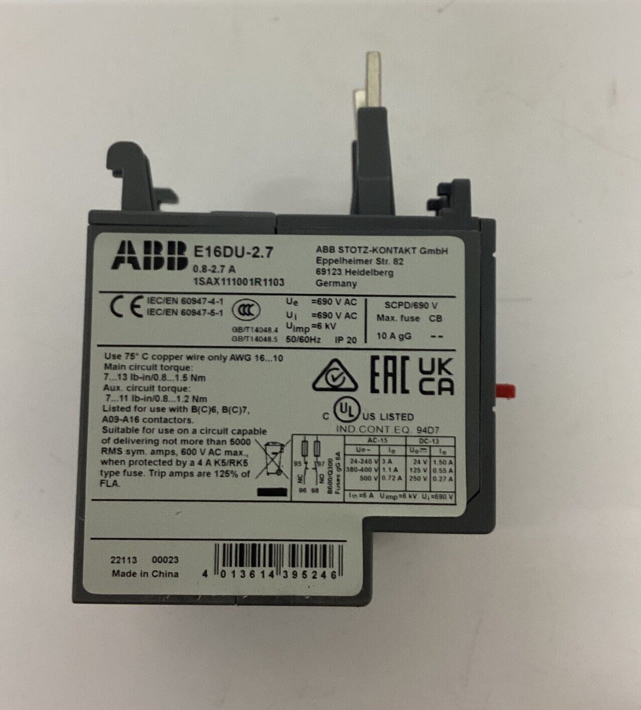 ABB 1SAX11100R1103 / E16DU-2.7 Overload Relay 0.8-2.7 Amp (BK126)