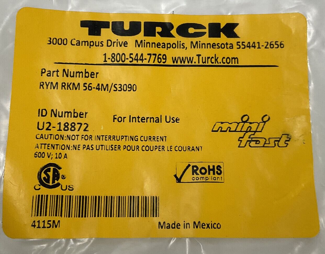 Turck RYM RKM 56-4M/S3090 New MiniFast Cordset U2-18872, 5-Wire 4 Meters (BK101)