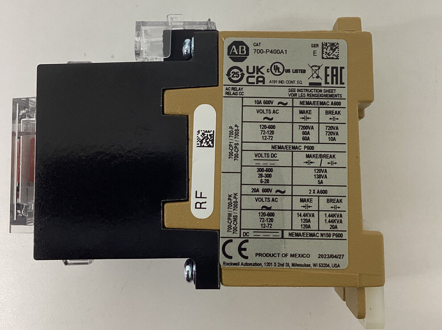 Allen Bradley 700-P400A1  Ser E  110/120VAC Control Relay (YE227) - 0