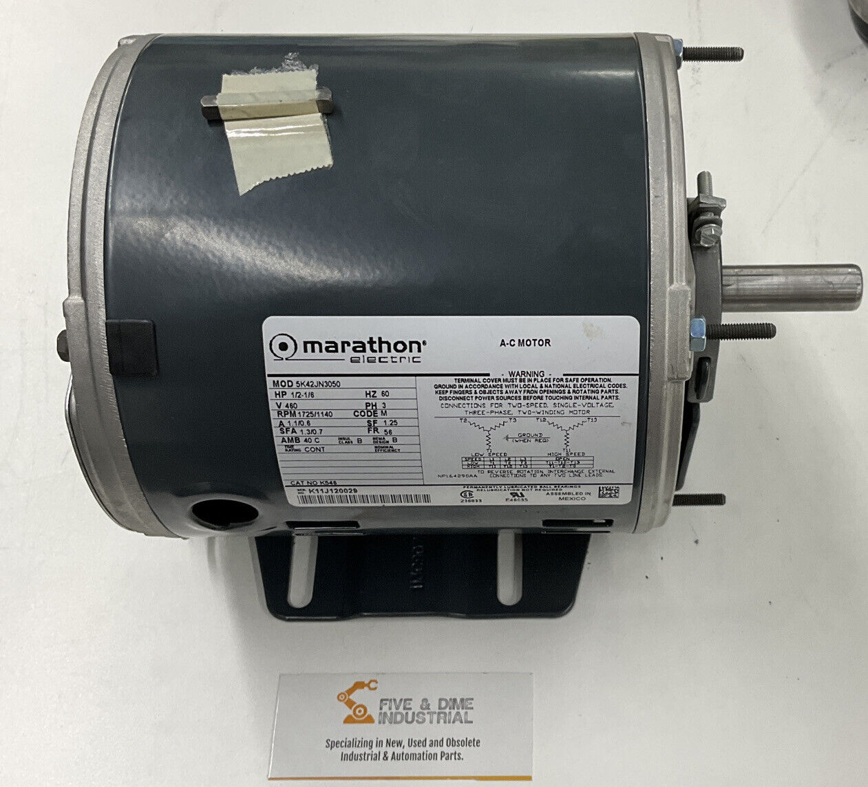 Marathon 56 FR 1/2-1/6 HP Industrial Motor 1725/1140 RPM 460VAC (OV114)