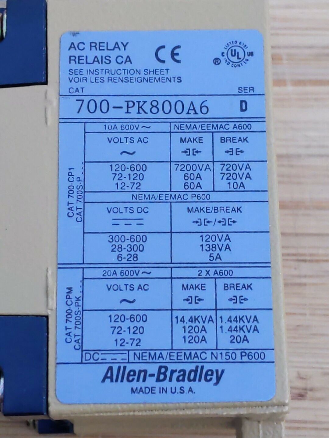 Allen Bradley 700PK800A6 Ser. D 600V  - New  (RE236)