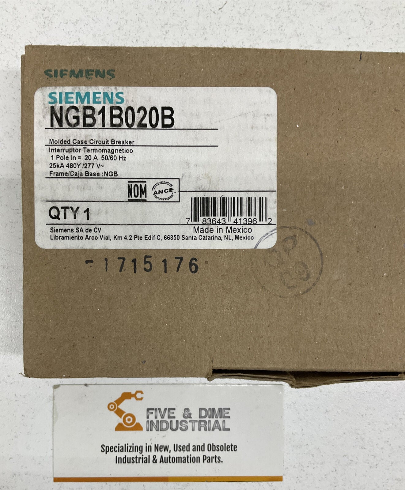 Siemens NGB1B020B 1 POLE 20A 277V  CIRCUIT BREAKER (BL214)