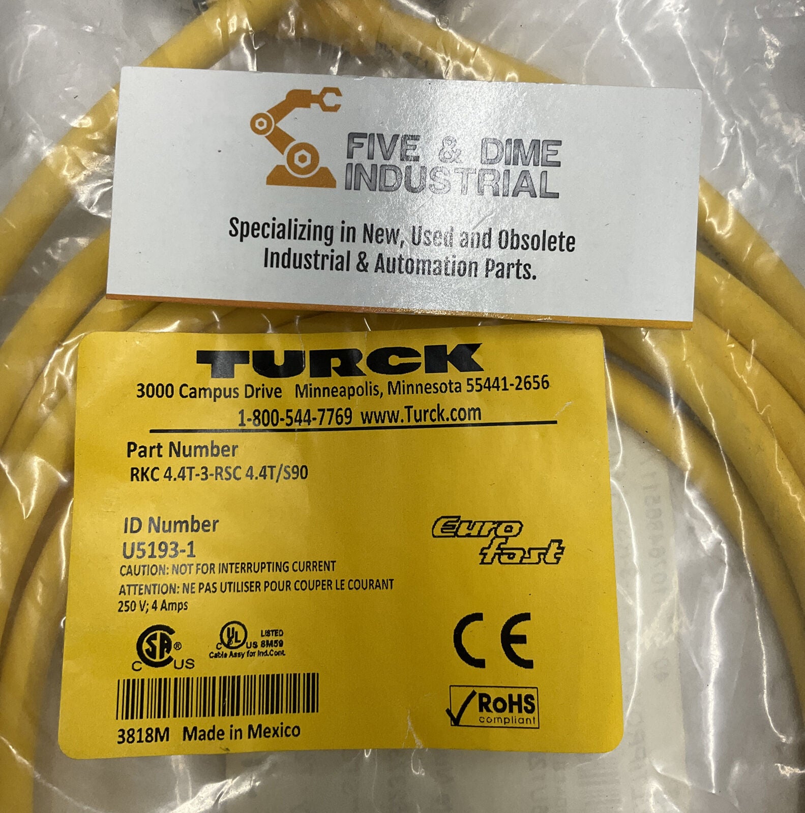 Turck RKC 4.4T-3-RSC 4.4T/S90 Eurofast Cordset Cable 4-Pin U5193-1 (YE190)