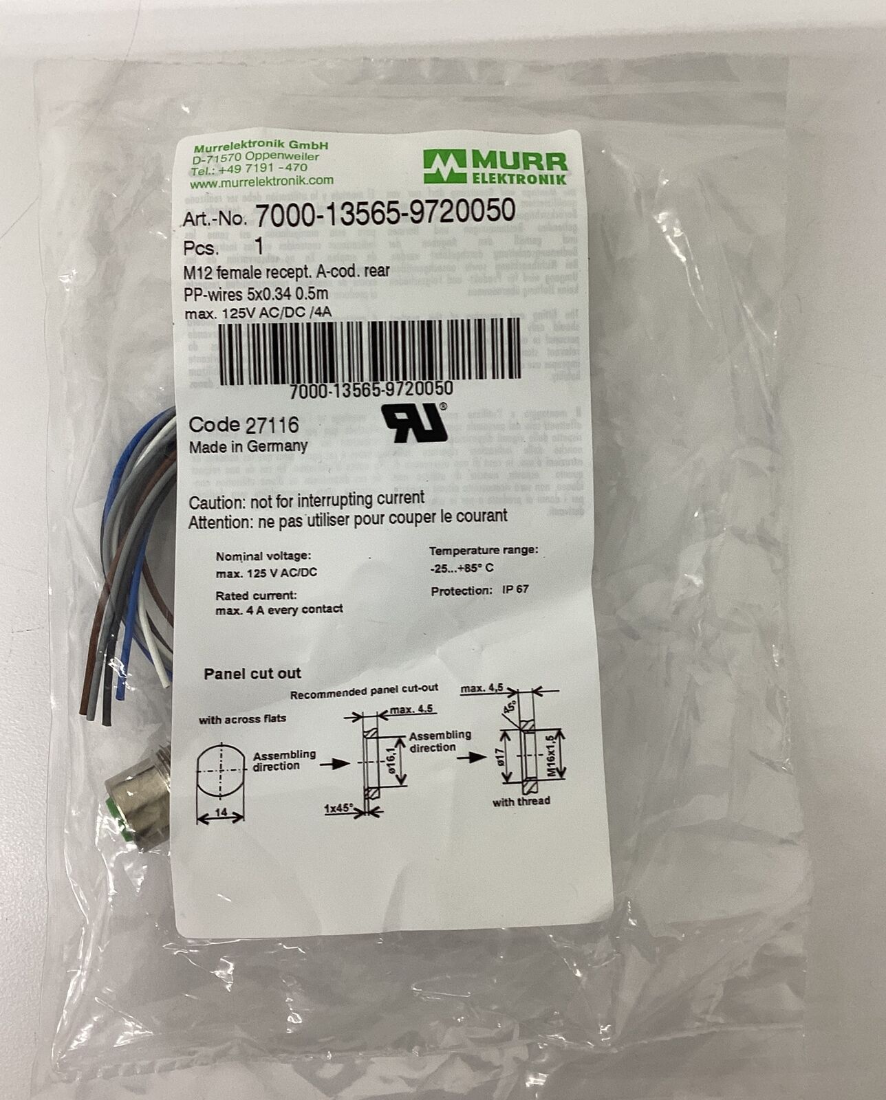 Murr 7000-13565-972-0050 M12, 5-Pole Female Receptacle 0.5 meter (YE248)