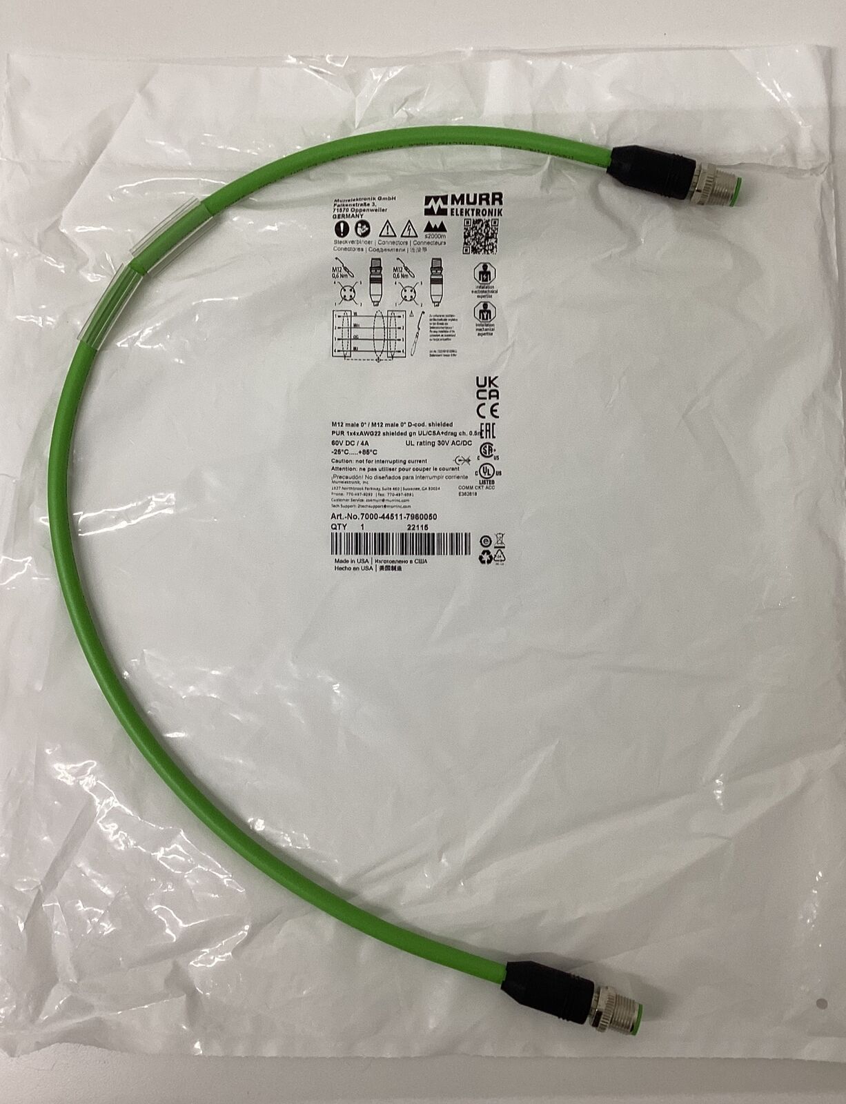 Murr 7000-44511-7960050 M12 Male/Male 4-Pole Shielded Cable .5M (CBL165)