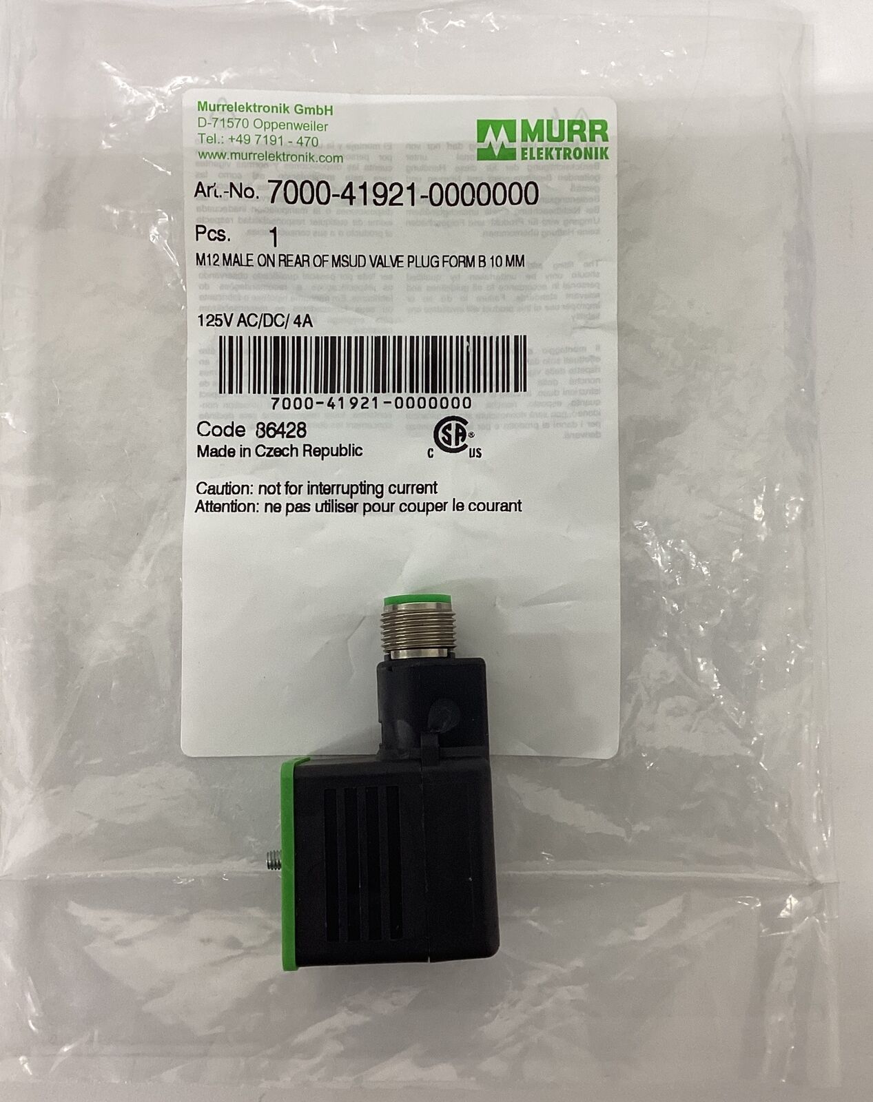 Murr 7000-41921-0000000 M12 Male x MSUD Valve Plug (YE235)