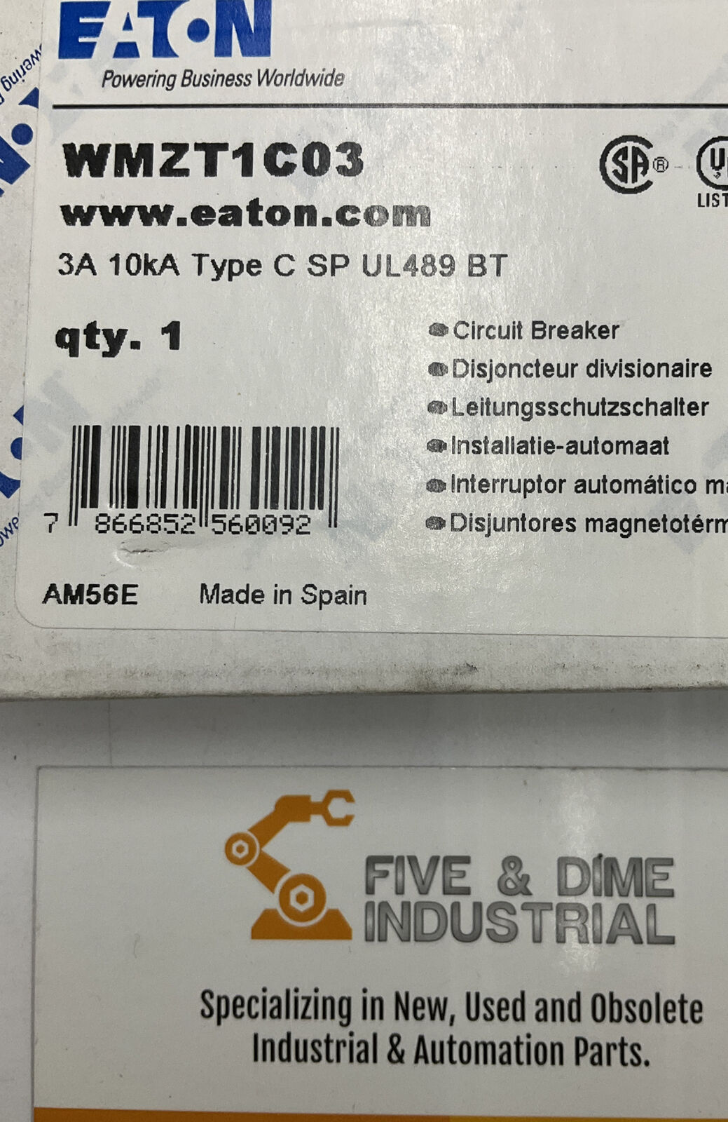 Eaton WMZT1C03 3A 10kA Type C SP UL489 BT New Circuit Breaker (RE108)