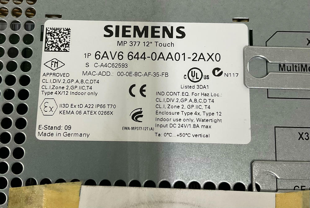 Siemens Simatic 6AV6 644-0AA01-2AX0 MP 377 12" Touch HMI