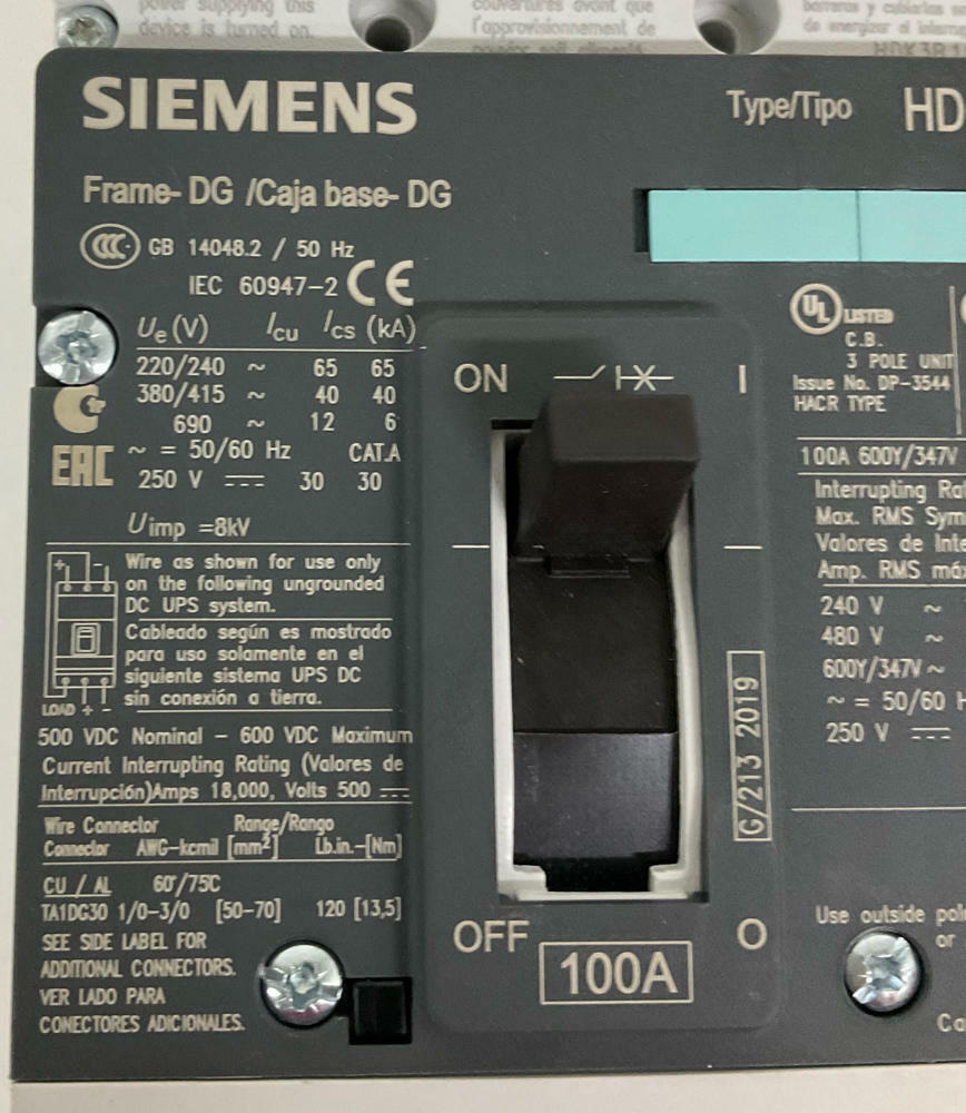 Siemens HDK3B100F HDGB Type 100-Amp Circuit Braker w/ Shunt - 0