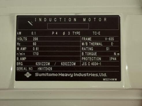 Sumitomo  CNHM01-5077-25  Induction Motor  0.1kW,  208VAC  V-635 Frame - 0