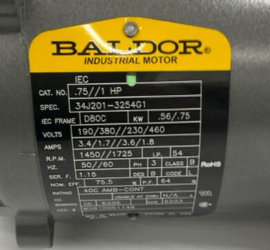 Baldor 34J201-3254G1 Industrial Motor 190-380V  230-460V  1450/1725 RPM - 0