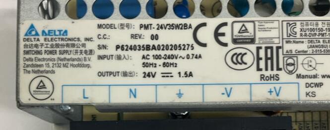 Delta  PMT-24V35W2BA  Power Supply  IN: 100-240VAC  Out 24VDC  1.5A - 0