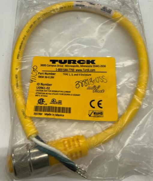 Turck RKM36-0.5M 3-Pole, Female Straight Cable 0.5 Meter U0961-02