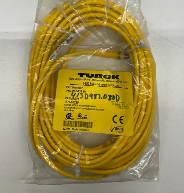 Turck PKG-3M-8-PSG-3M 3-Pole M8 M/F Straight Cable U99-10739 8-Meters