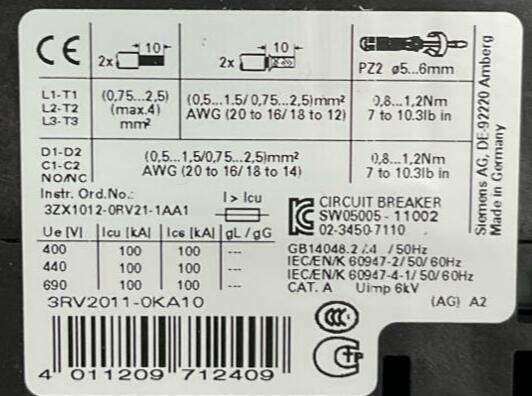 Siemens 3RV2011-0KA10 0.9-1.25A Motor Protector