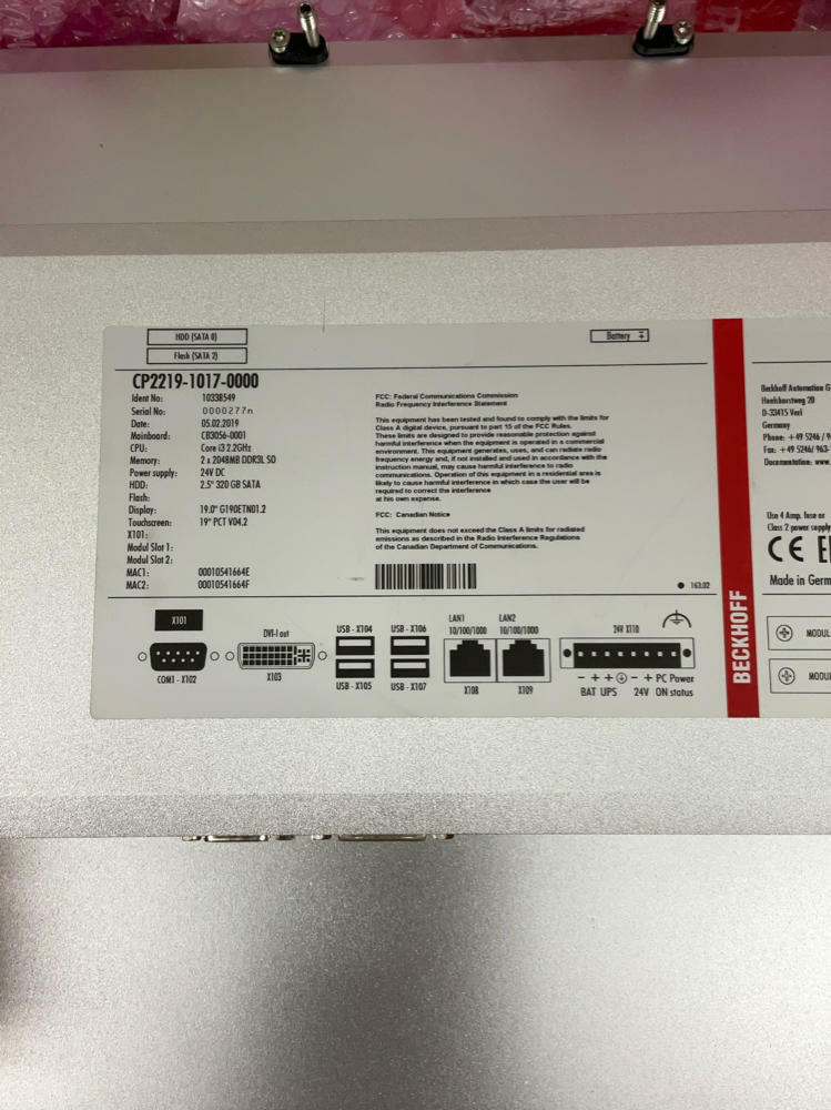 Beckhoff CP2219-1017-0000 Industrial Computer HMI Win 7 Pro X32/X64