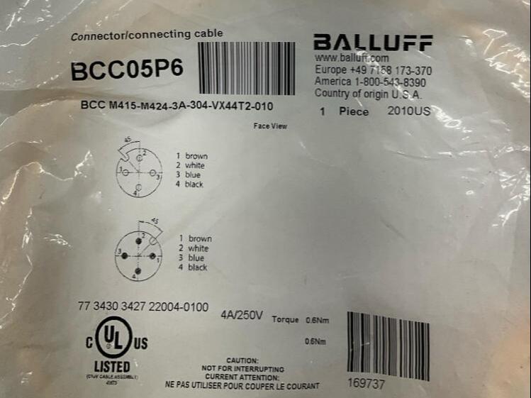 Balluff BCC05P6 M12, 4-Pin Cable Cordset Female Straight x Male 90 1-Meter