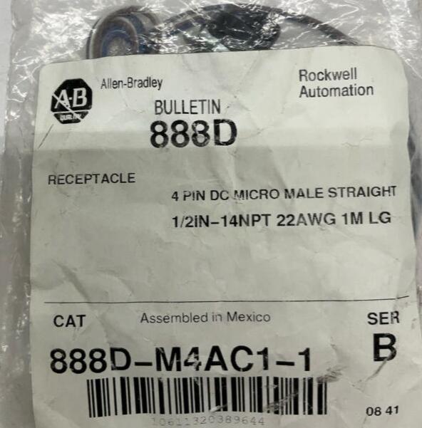 Allen Bradley 888D-M4AC1-1 4-Pin DC Micro Receptacle Male, Straight