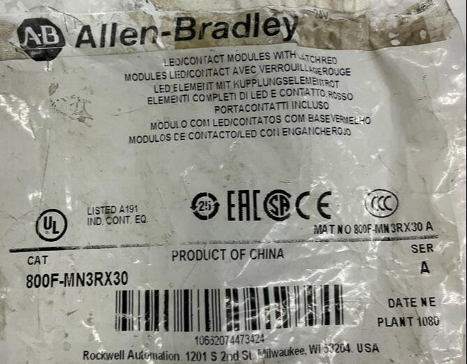 Allen Bradley 800F-MN3RX30 Red Led Back of Panel Lamp and Contacts 800F-X10 - 0