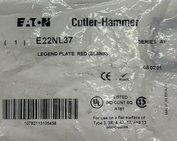 Cutler Hammer Eaton E22NL37 Blank Red Legend Plate - Like New