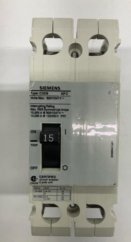 Siemens CQD6215 2-Pole 15 Amp Circuit Breaker 600Y/347VAC - Very Good - 0