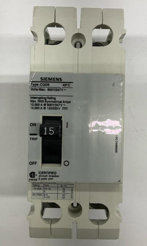 Siemens CQD6215 2-Pole 15 Amp Circuit Breaker 600Y/347VAC - Very Good