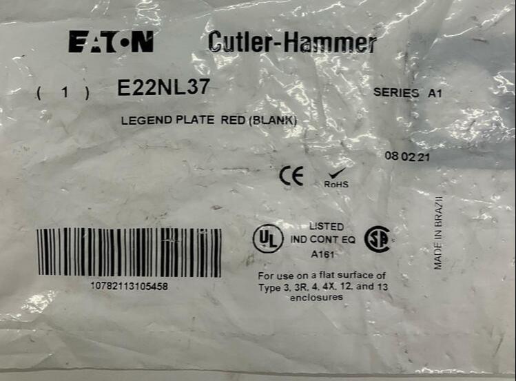 Cutler Hammer Eaton E22NL37 Blank Red Legend Plate - Like New - 0