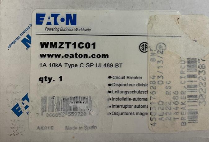 Eaton WMZT1C01 1-AMP DIN Mount Circuit Breaker 10kA Type C - Like New