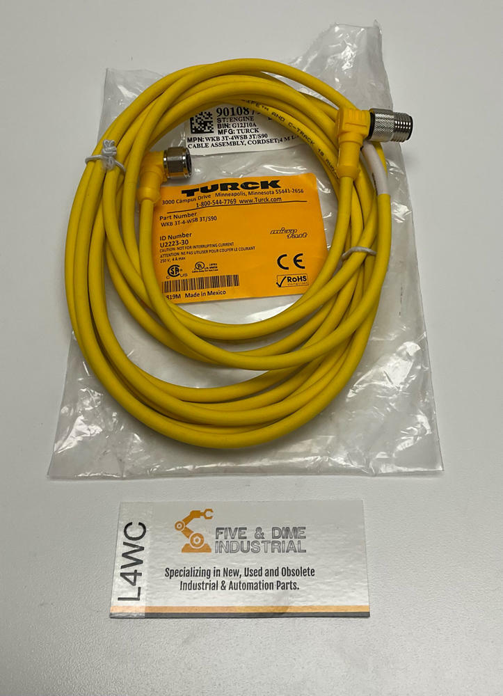 Turck  WKB-3T-WSB-3T/S90 / U2223030  3-Pin  90° Male/Female Cable - Like New