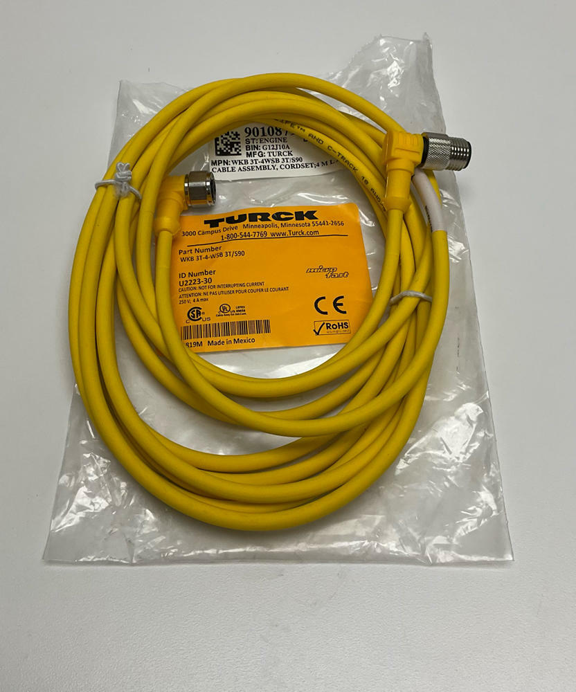 Turck  WKB-3T-WSB-3T/S90 / U2223030  3-Pin  90° Male/Female Cable - Like New - 0