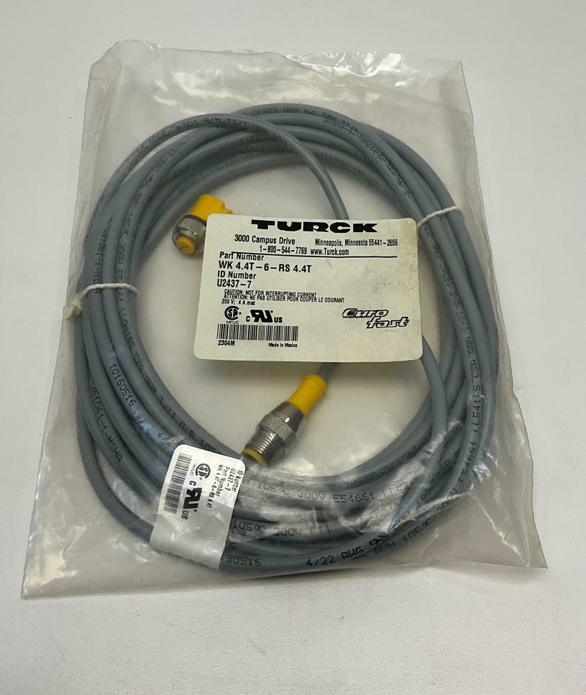 Turck  WK4.4T-6-RS-4.4T / U2437-7  4-Pole, 4-Wire 90° Female x Str Male - Like New - 0